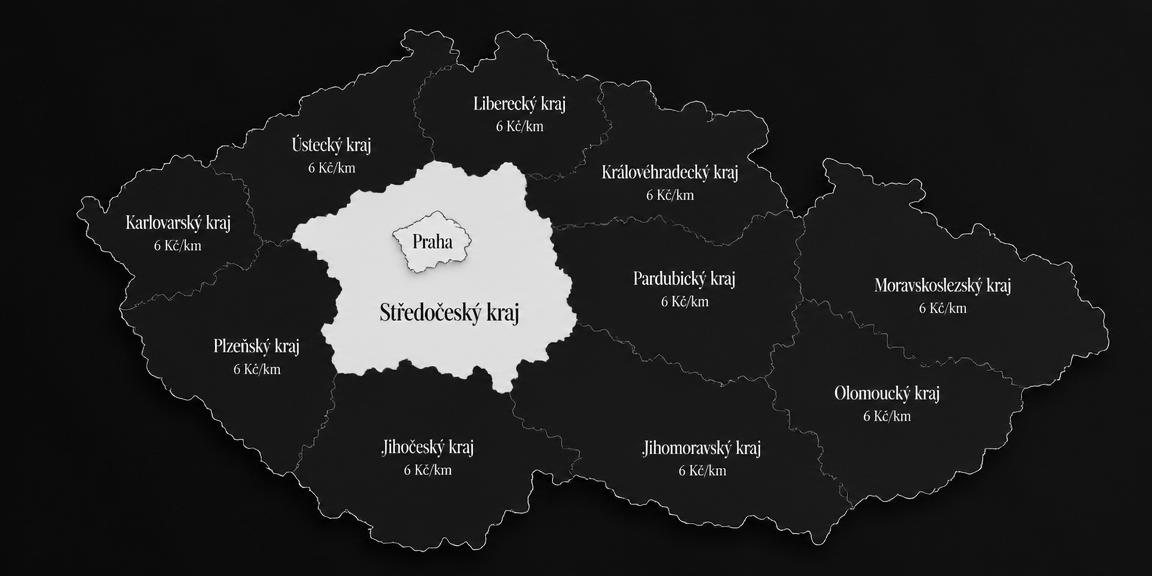 Mapa dojezdové oblasti: Praha a Středočeský kraj zdarma, mimo tento kraj 6 Kč/km